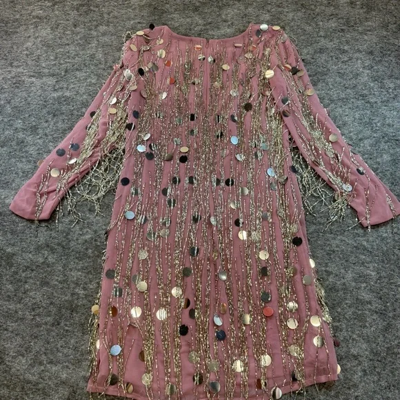 French Connection Formal Silk Long Sleeve Sequin Fringe Western Mini Dress - Picture 2 of 5